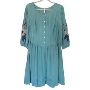 Free People Boho Embroidered Peasant Dress Women's L Aqua Blue 3/4 Sleeve Flowy